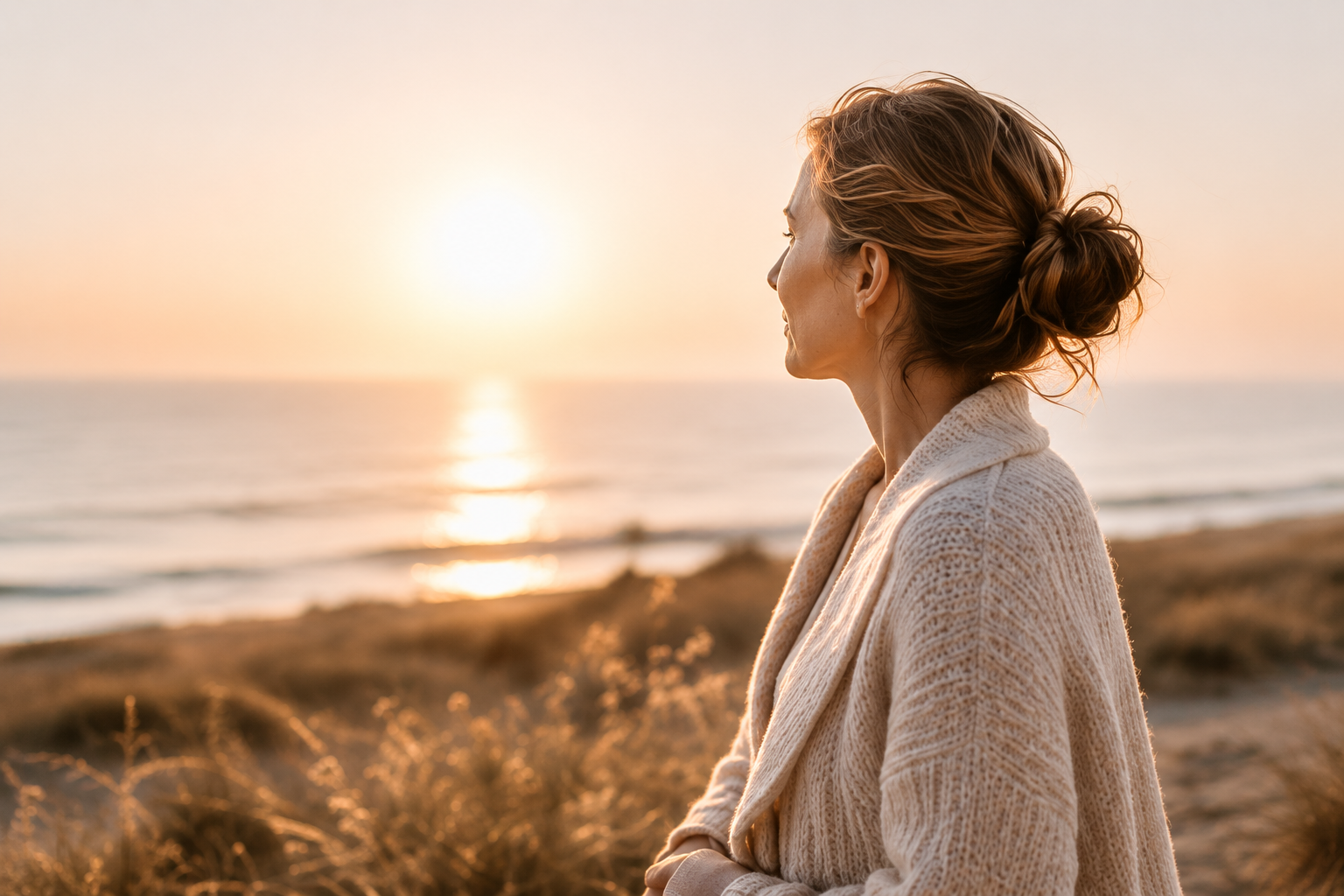 Frau am goldenen Strand bei Sonnenuntergang Manuela Kerschke