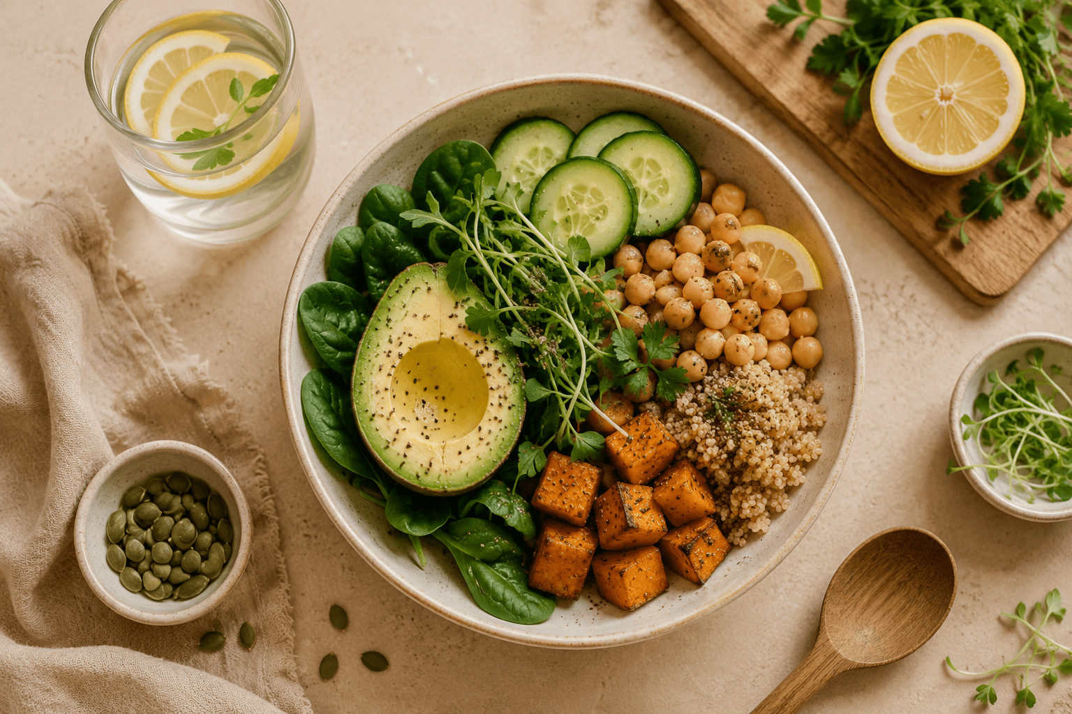 Gesunde Buddha-Bowl auf neutralem Tisch
