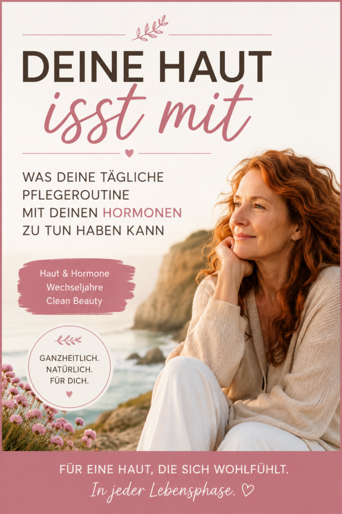 Ein Bild mit einer rothaarigen Frau am Meer mit dem Titel "Deine Haut isst mit" - Was deine tägliche Pflegeroutine mit deinen Hormonen zu tun haben kann