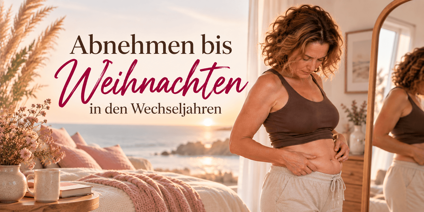 Frau in den Wechseljahren betrachtet ihren Bauch vor einem Spiegel. Daneben steht die Überschrift „Abnehmen bis Weihnachten in den Wechseljahren“.