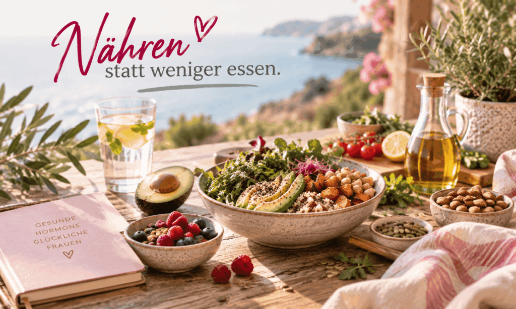 Nährstoffreiche Ernährung in den Wechseljahren mit Gemüse, Beeren, Avocado, Nüssen und Samen