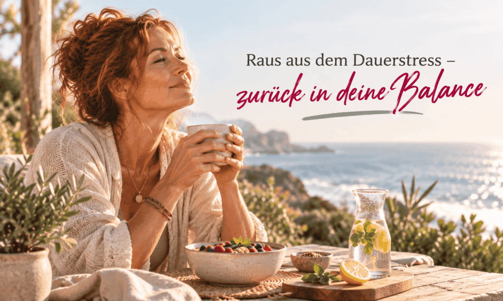 Frau am Meer beim entspannten Frühstück – Stressbalance in den Wechseljahren
