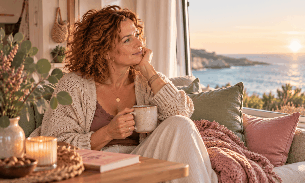 Frau mit kupferroten Locken sitzt mit einer Tasse Tee auf dem Sofa und blickt nachdenklich aus dem Fenster auf das Wasser. Das Bild vermittelt Ruhe und eine bewusste Auszeit vom stressigen Alltag.