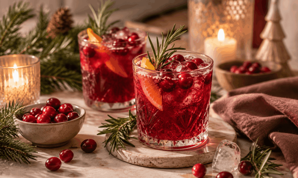 Zwei alkoholfreie Cranberry-Mocktails mit Rosmarin, Orangenscheiben und Eis auf einem festlich gedeckten Tisch mit Kerzen und Tannengrün.
