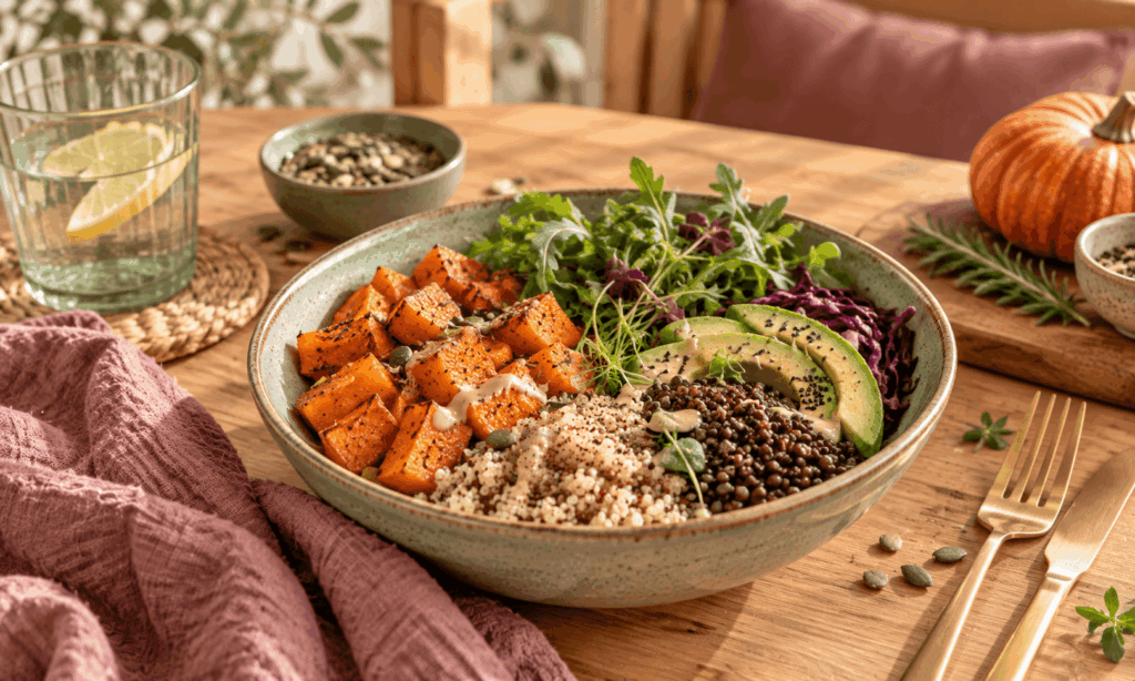 Pflanzliche Herbst-Bowl mit geröstetem Kürbis, Linsen, Quinoa, Avocado, Rotkohl und frischen Kräutern auf einem Holztisch.